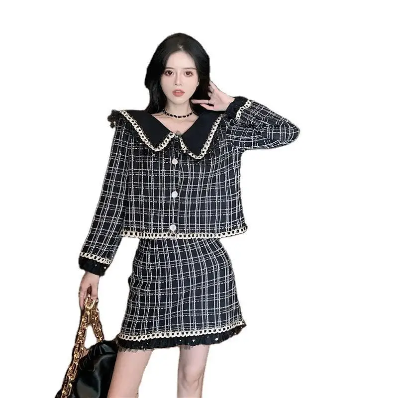 

2020 Ladies Style Suit Women Autumn Plaid Long Sleeve Jacket High Waist Mesh Edge Wrapped Hip Skirt Two Piece Set