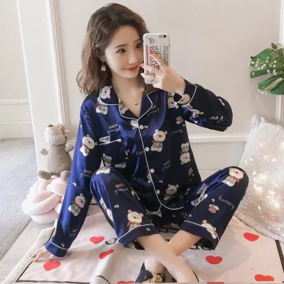 pyjamas women Большой размер 5XL женский атласный Шелковый пижамный комплект с длинным рукавом Цветочный комплект из двух предметов сексуальная пижама Пижамный костюм Женская одежда для сна - Цвет: pyjamas women