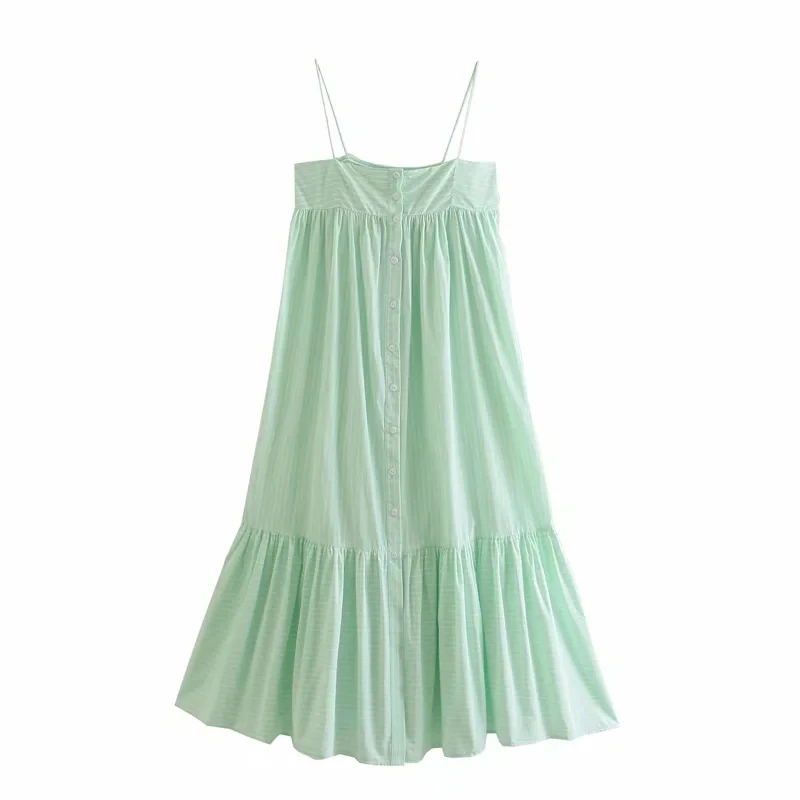 

Summer Women Single Breasted Striped Suspender Midi Dress Female Sleeveless Clothes Casual Lady Loose Vestido D7629
