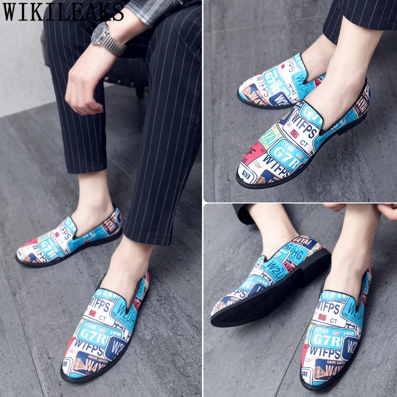 

Blue Mens Loafers Shoes Formal Party Shoes for Men Pointed Toe Fashion Dress Shoes for Men 2021 Graffiti Chaussure Homme Zapatos