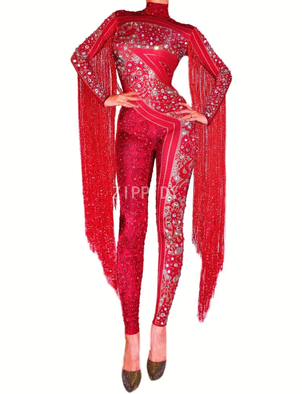 Блестящий красный комбинезон с бахромой Стразы женский кисточками для