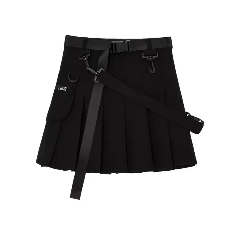 

HOUZHOU Gothic Harajuku Pleated Skirt Women Punk Belt Pocket Black High Waist A-line Mini Skirt Mall Goth Kpop Summer Streetwear