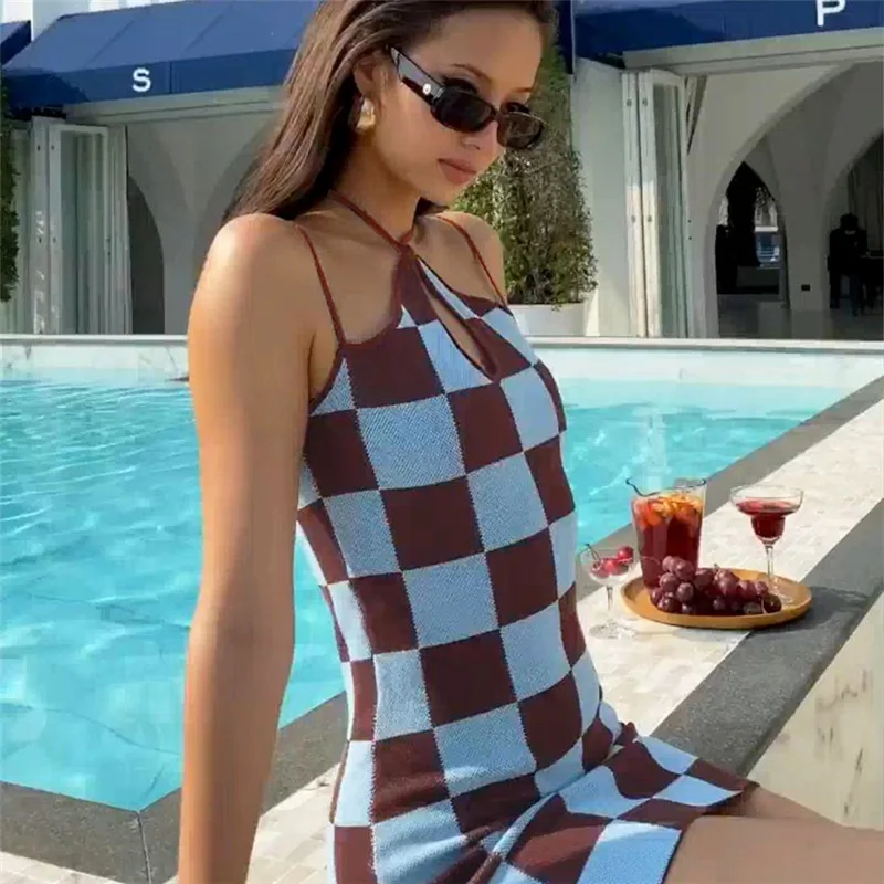 

Summer Fashion Women's New Plaid Printed Halter Slim-fit Bag Hip Dress