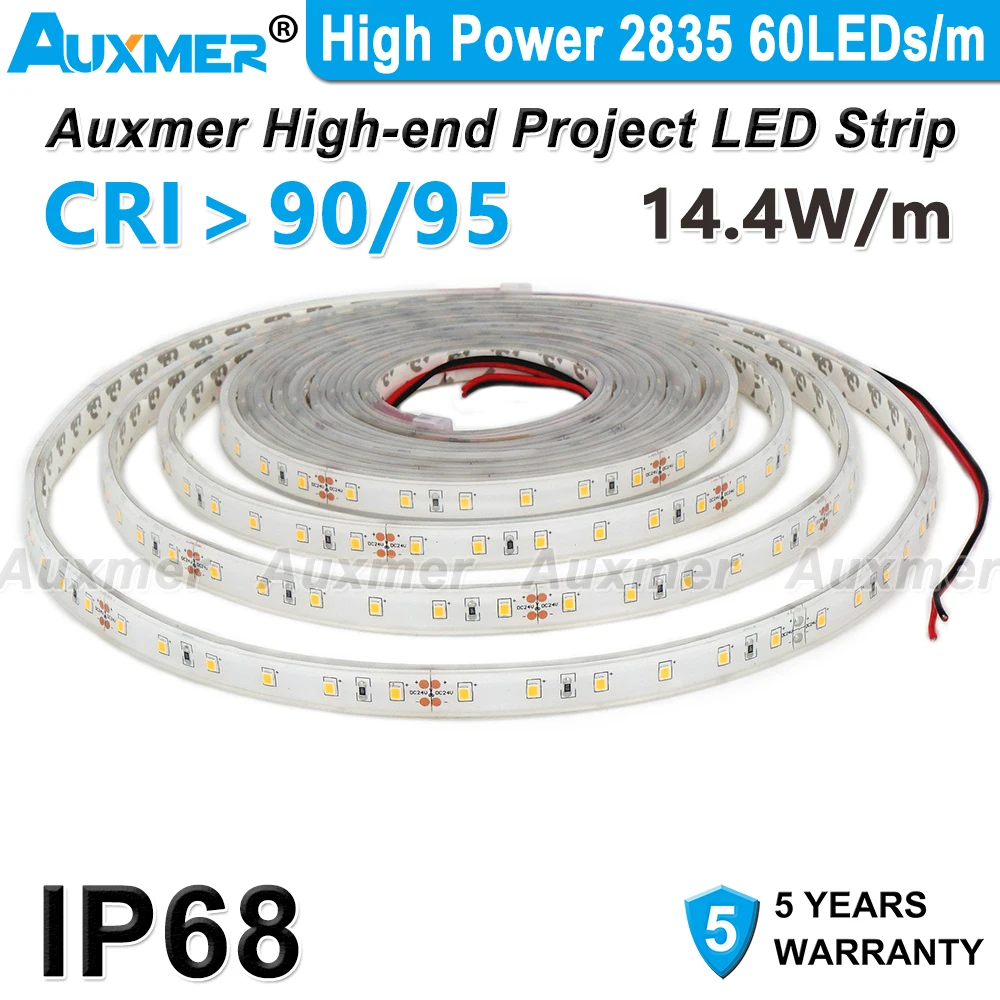 High Power 2835 LED Strip Lights,60LEDs/m,14.4W/m,IP68,CRI90/95,DC12V/24V,Waterproof,Red Green Blue Amber Yellow Pink
