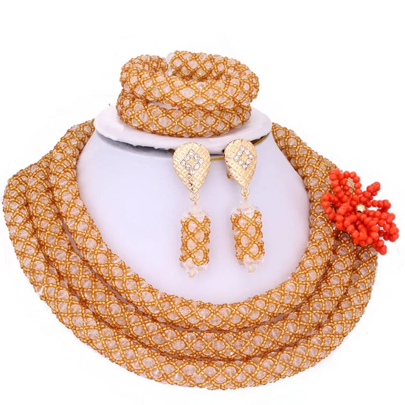 4ujewelry African Traditional Beads Jewelry Gold and Transparent White Nigerian Necklace Set Bridal 2022 New Design / Brand