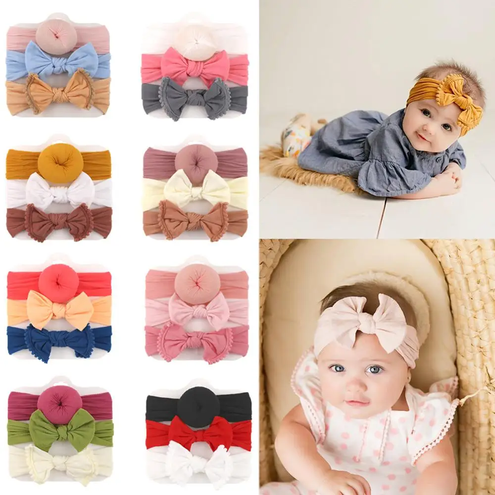 

8 Sets/Lot Solid Donuts Turban Baby Headband With Edging Ball Soft Nylon Topknot Elastic Hair Bands Fashion Hair Accessories