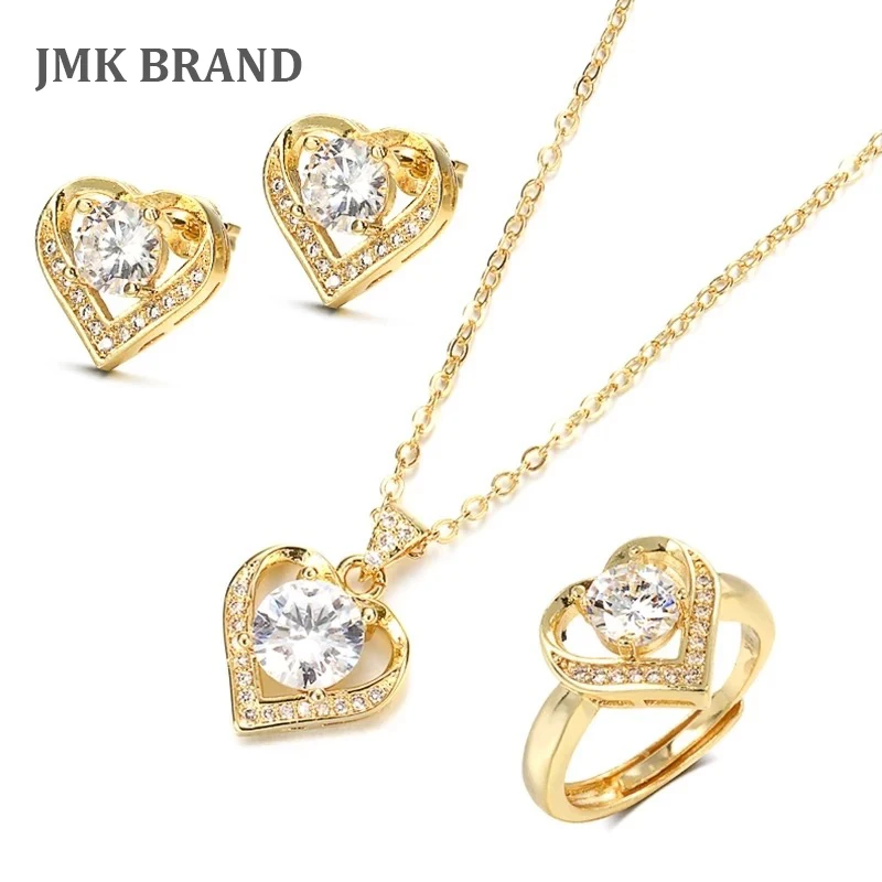 

JMK Trendy Love Heart 18k Gold Jewelry Sets For Women Bridal Cubic Zirconia Diamond Necklace Earrings Ring Sets Wedding Gift