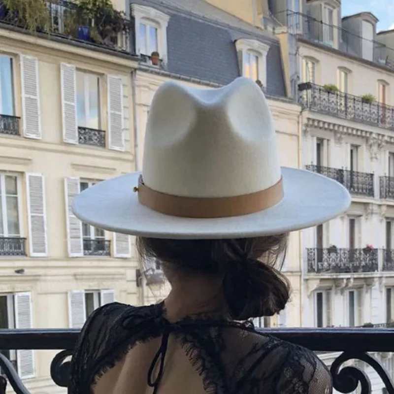 White Woolen Jazz Felt Hat With Pu Decoration European Fashion Joints Simple Ladies Luxury Black Fedora Female Casual Men'S Caps