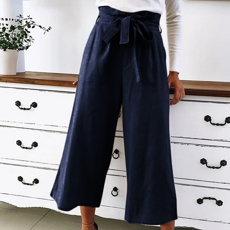 Женские эластичные широкие брюки с высокой талией черные повседневные свободные