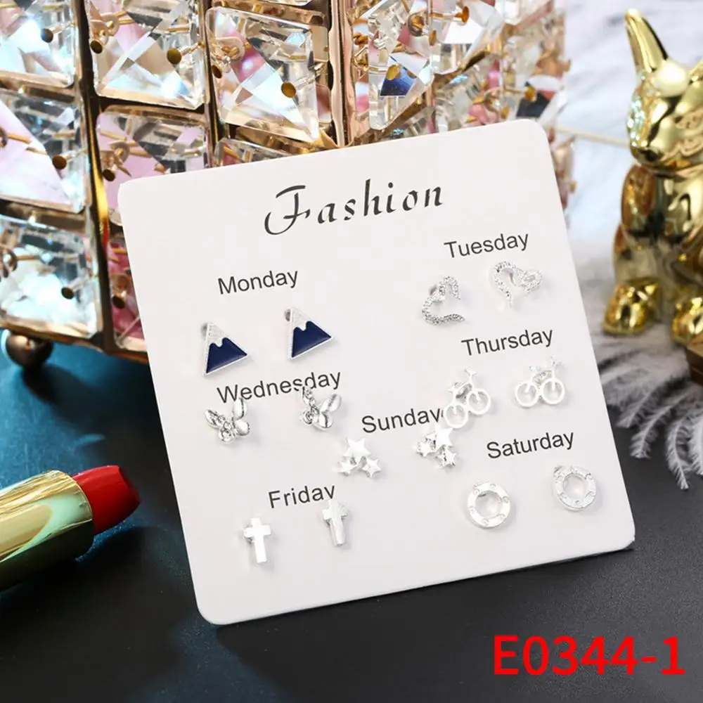 6 пар/компл. неделю серьги милые посеребренные серьги-гвоздики комплект