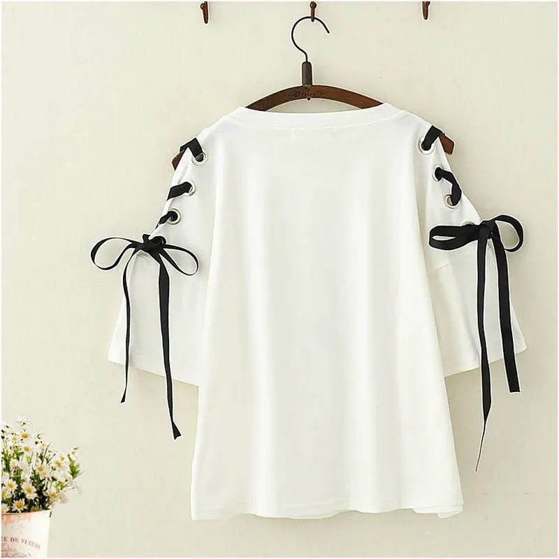 Футболка женская оверсайз с круглым вырезом милая рубашка рукавом до локтя и