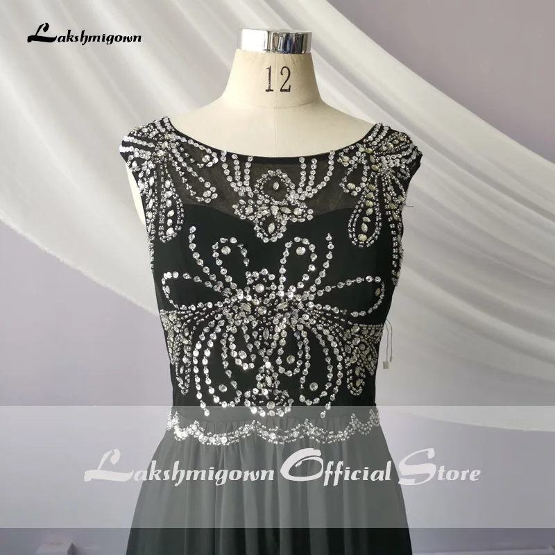 

In Stock Elegant Beads A-Line Long Chiffon Evening Dress Simple bule purple black Party Dresses Robe De Soiree Longue