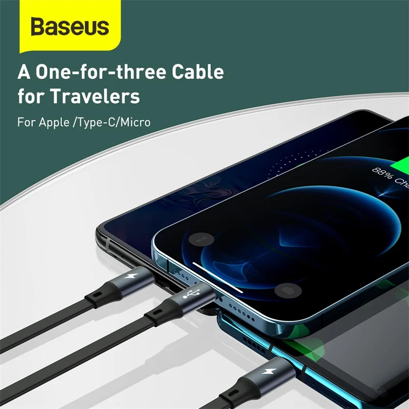 USB кабель Baseus 3 в 1 для iPhone 12 Pro Type C быстрая зарядка Samsung Huawei Xiaomi Mi выдвижной Micro