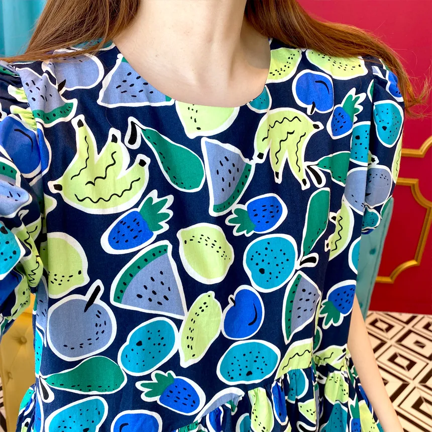 SHENGPALAE 2021 New Summer Women Vintage Loose High Waist Slim Was Thin Elegant Fruit Printing Big Swing Maxi Dress ZA4803 | Женская