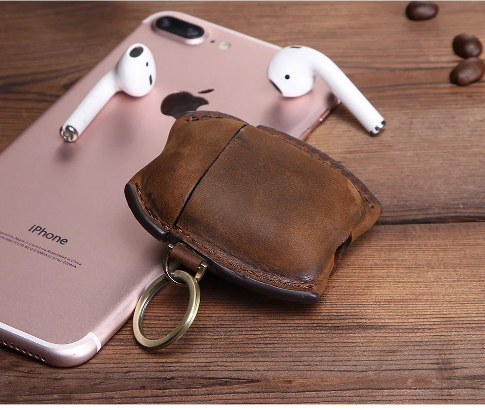 Чехол Airpod из натуральной кожи, Винтажный чехол Crazy Horse Airpods 1 2, чехол, беспроводной Bluetooth, защитный чехол для наушников с кольцом для ключей