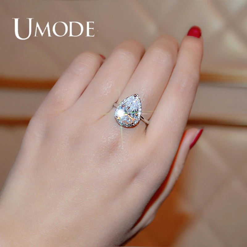 UMODE Обручальные кольца с белой позолотой большим искусственным бриллиантом 4