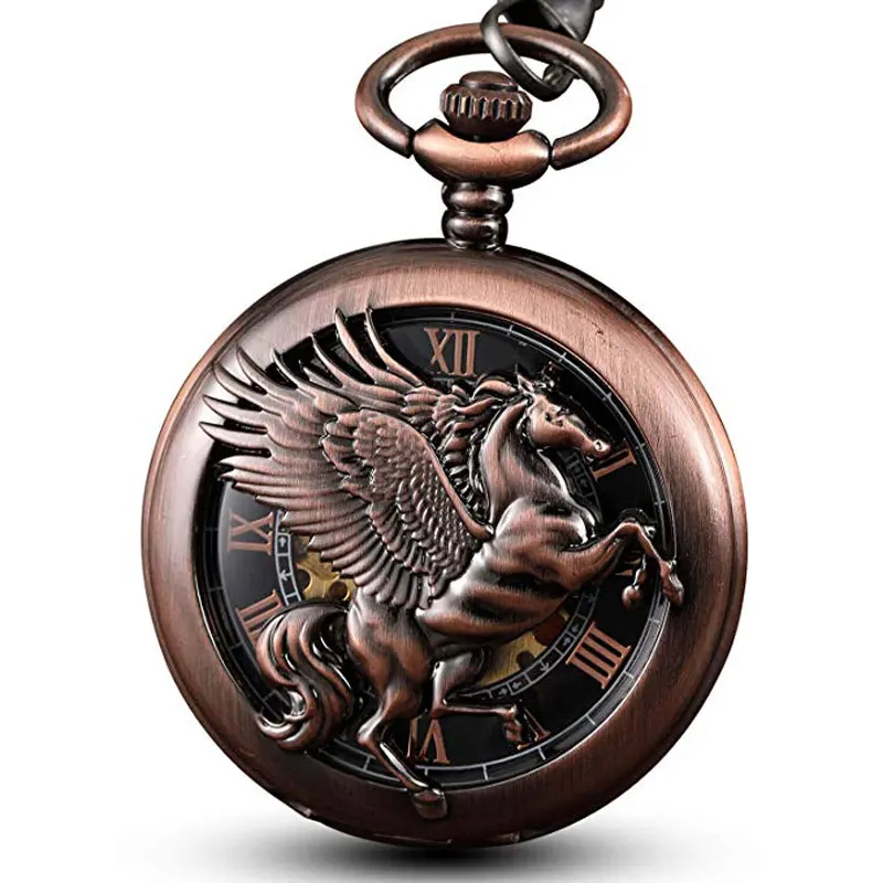 Винтажные Фэнтези Pegasus Horse механические цепочки для карманных часов Бронзовый полый стимпанк Скелет Fob часы для мужчин подарки Reloj