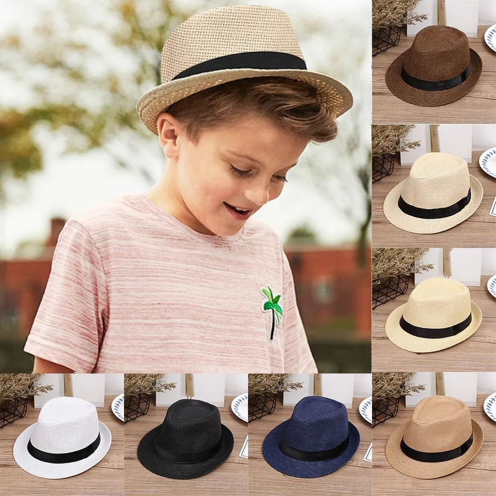 

Baby Boy панама Children Kids Summer Beach Straw Hat Jazz Trilby Fedora Hat Gangster Cap Baby Accessories Newborn панамы