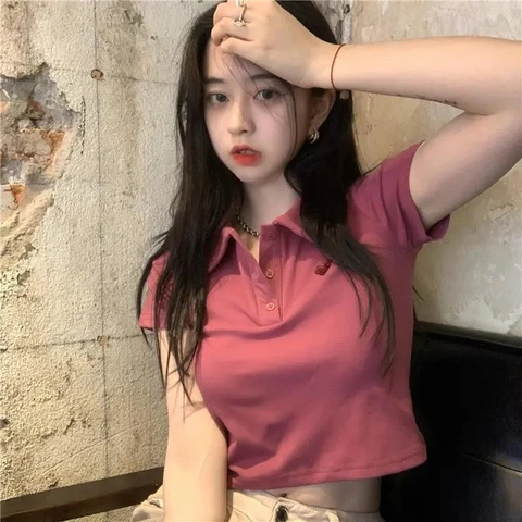 Polo T Shirt For Women White Blouse Short Sleeve Tees Crop Top Female Fashion Embroidery Summer 2021 Women's Clothing Aesthetic