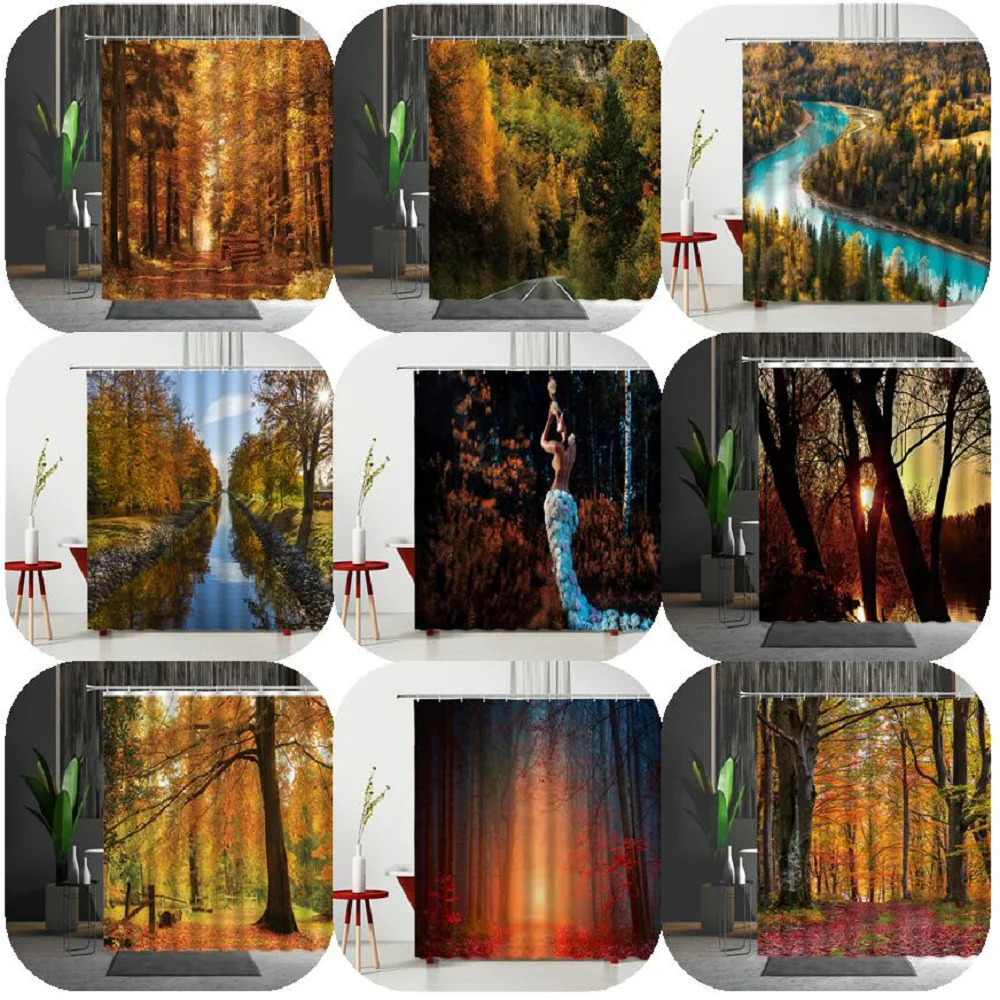 

Autumn Natural Scenery Yellow Forest Shower Curtain Waterproof Bath Curtains Bathtub Decor Multiple Size Bathroom Partition
