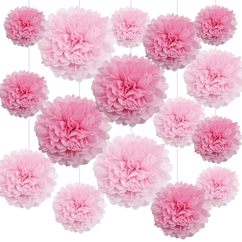 

16pcs/set Pink Mixed Size Round Paper Pompoms Tissue Paper Flower Balls Wedding Birthday Party Decoration DIY Crafts Supplies