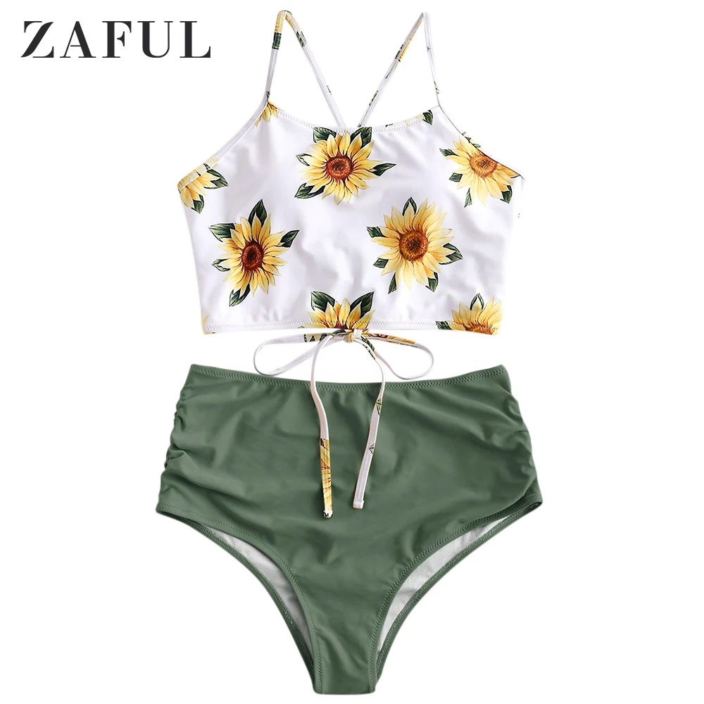 ZAFUL, бикини, с рюшами, Подсолнух, с накладным слоем, танкини, набор, с вырезами, на тонких бретелях, купальник для женщин, сексуальный купальник, пуш-ап, бикини для женщин - Цвет: Camouflage Green