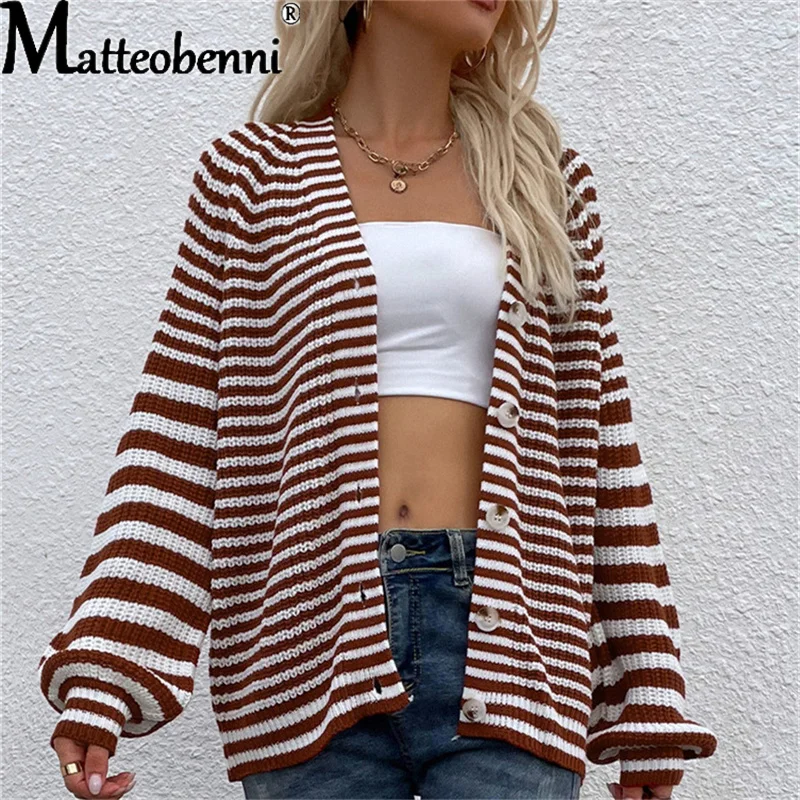 

Vintage V-Neck Striped Lantern Sleeve Women Sweater 2021 Autumn Winter Knitted Buttons Cardigan Sweaters Ladies Street Style Top