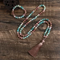 8mm natural rhodolite and rose quartz amazonite tassel necklace 108 beads japa mala women jewelry meditation yoga sets