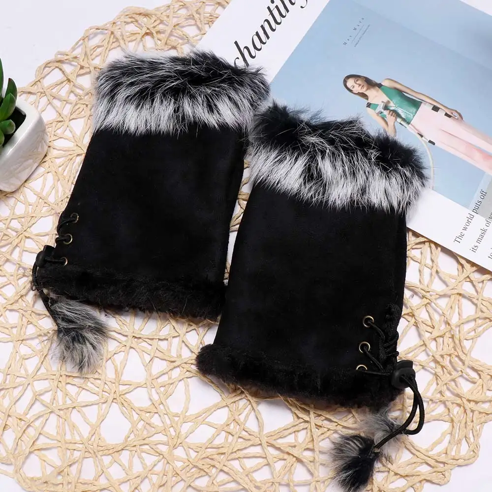 Новые теплые зимние женские кожаные перчатки без пальцев с кроличьим мехом