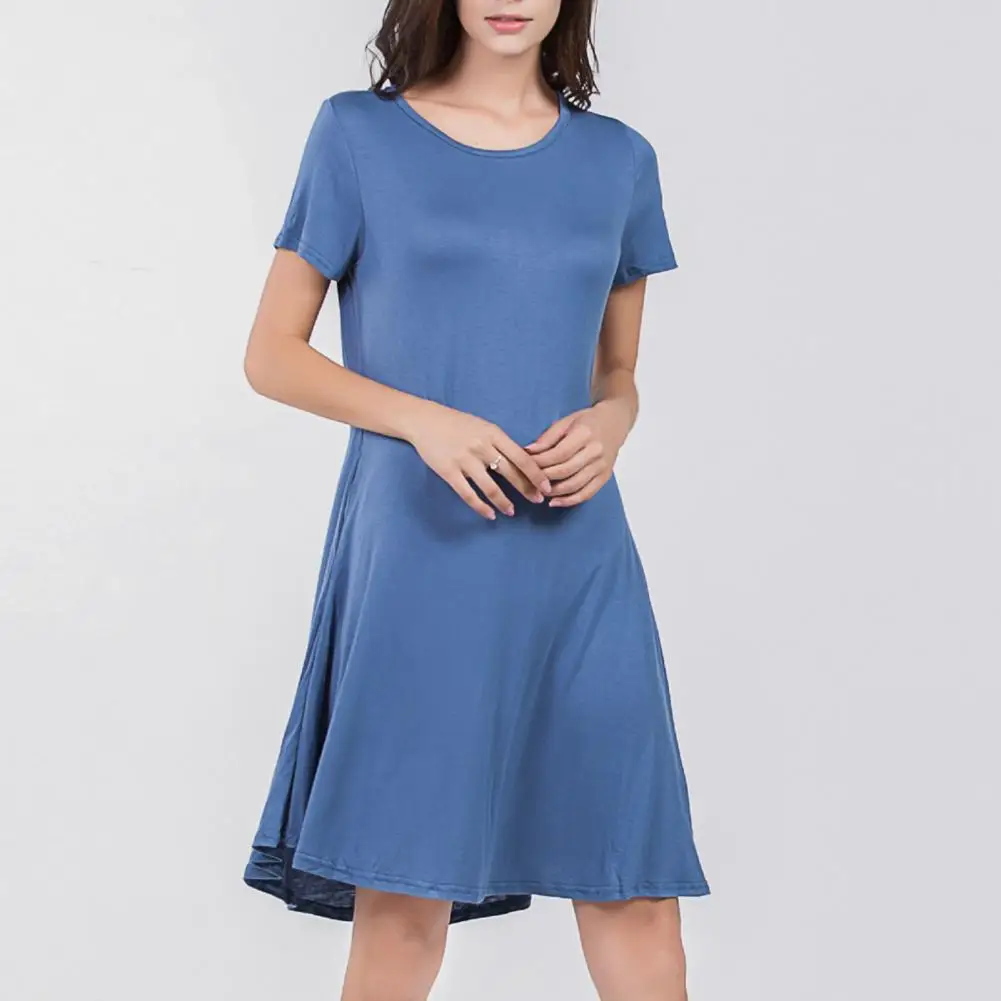 

Dress Round Neck Soft Solid Color Women Loose Short Sleeves Dress for Dating
