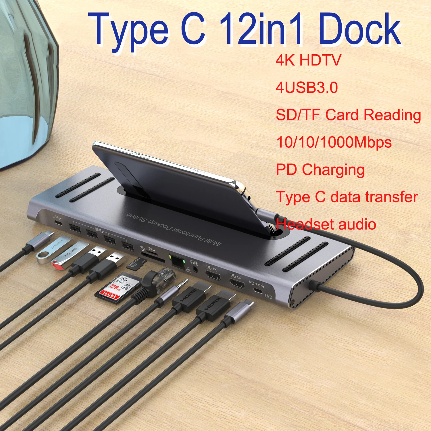 

Тип C подставка для ноутбука док-станции USB 3,0 U диск, совместимому с HDMI ТВ монитор видео конвертер RJ45 Ethernet кабель кард-ридер fr MacBook