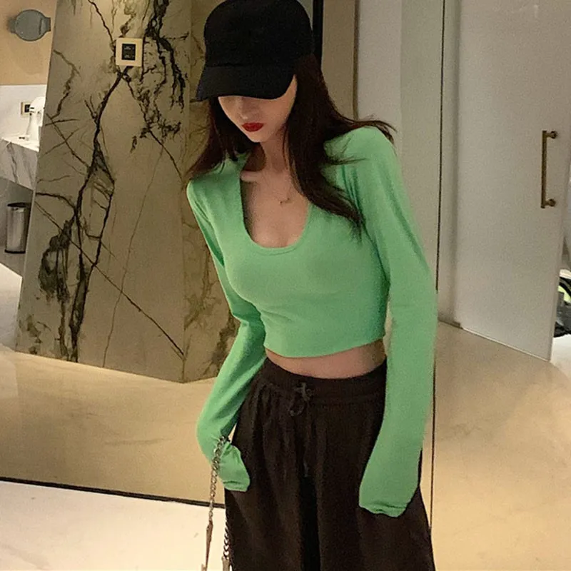 Модная женская однотонная хлопковая Повседневная футболка с длинным рукавом