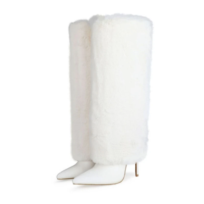 Winter Hot Fur Boots Women's Short Snow Boots Black White Stiletto Slip on Heels Shoes Booty Big Size 43