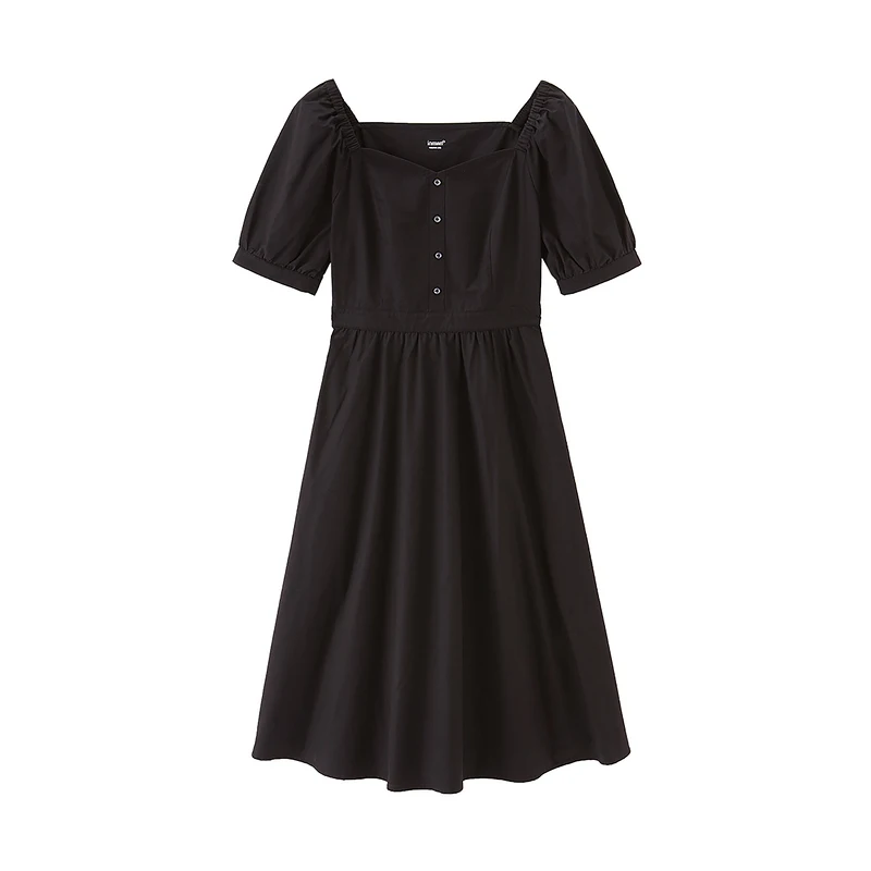 

INMAN Summer Dress Minimal Style Women Peach-Heart Collar Elastic Collar Short Lantern Sleeve Date Elegant Dress