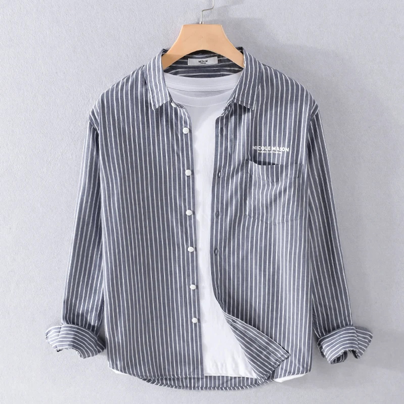 

New long-sleeved striped pure cotton shirt men casual retro shirts for men spring and autumn top camisa chemise
