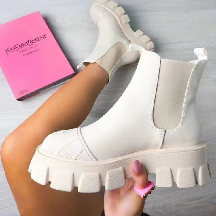 

2021 New Women Ankle Boots Slip On Platform PU Leather Women's Booties Spring Autumn Females Footwear