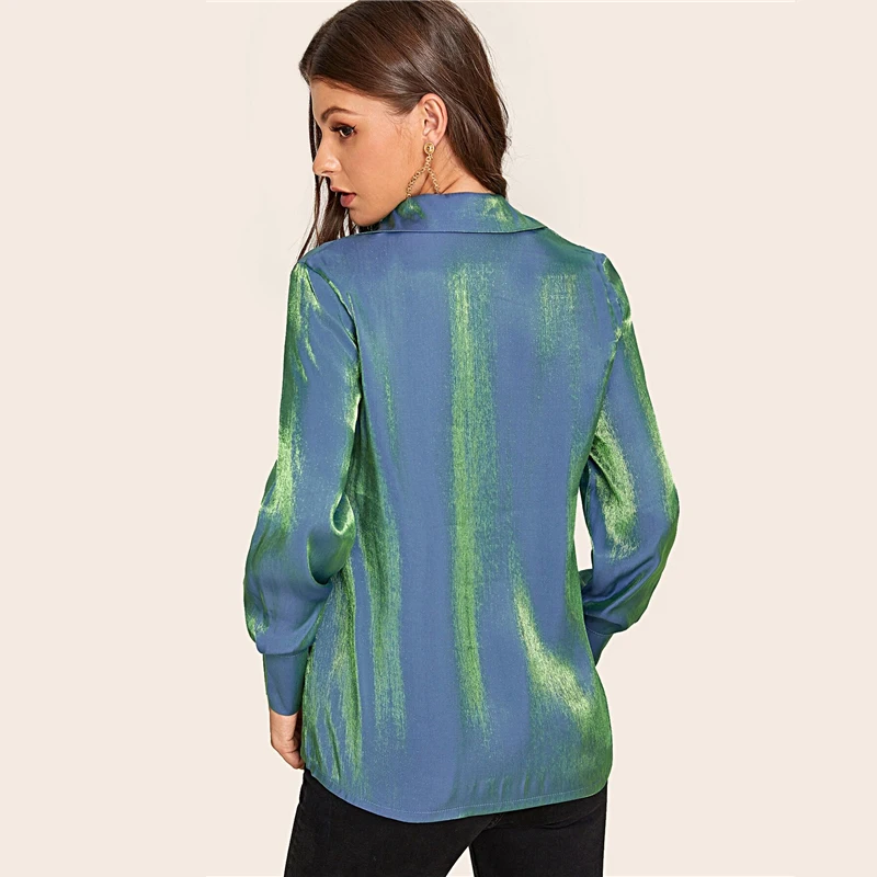 Sheinside, Повседневная атласная блузка на пуговицах, женская, осень, v-образный вырез, минималистичный стиль, блузки для девушек, синий металлик, блестящая отделка, Топ