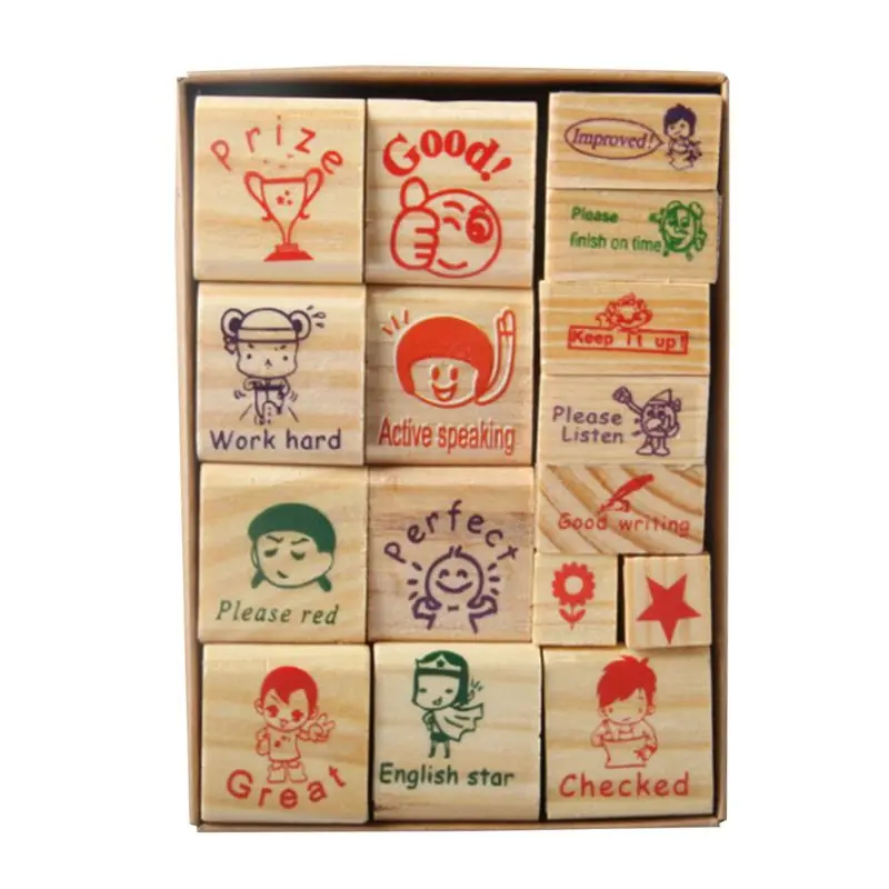 

16PCS/SET Teachers Stampers Self Inking Cartoon English Version Praise Reward School Stationery Stamps Toys for Children Baby