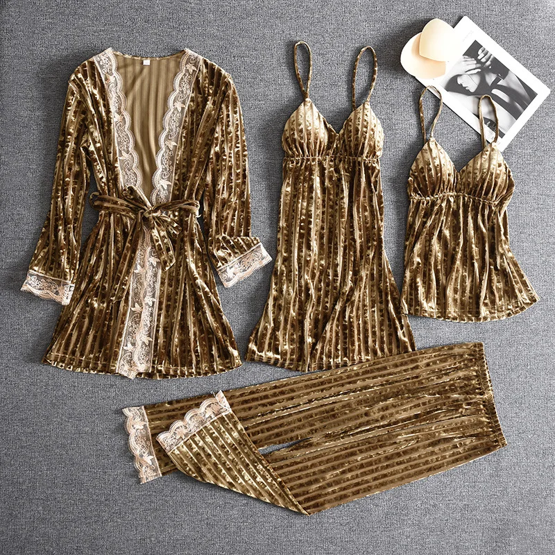 Сексуальная пижама Angel Secret женский новый золотой бархатный костюм из четырех