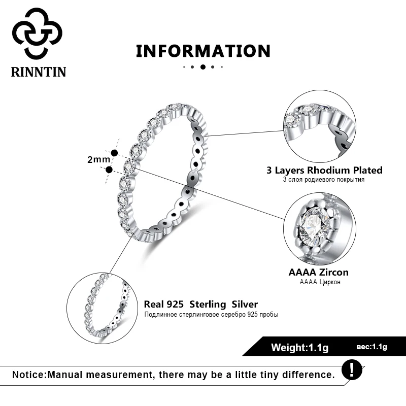 

Rinntin 100% 925 Sterling Silver Shiny Eternity Rings with AAAA Zircon for Women Wedding Band Engagement Jewelry Gift TSR145