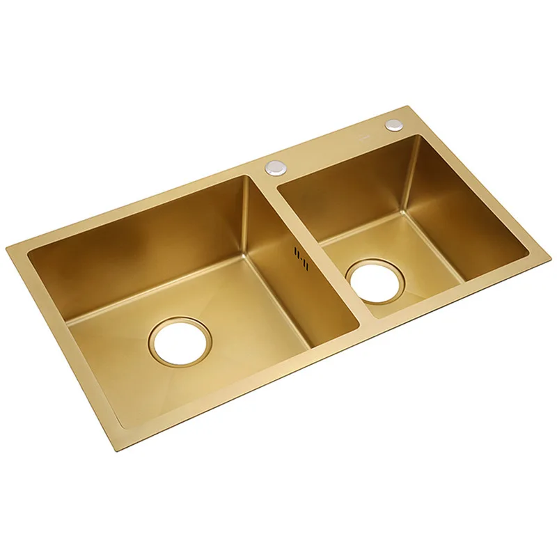 

Gold Double Bowel Kitchen Sink 304 Stainless Steel Kitchen Sink Above Counter with Strainer Drain Hair Catcher Send From Brazil
