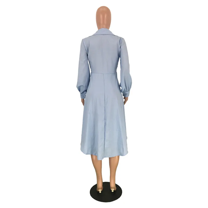2019 однотонное синее хлопковое приталенное женское платье с поясом элегантное