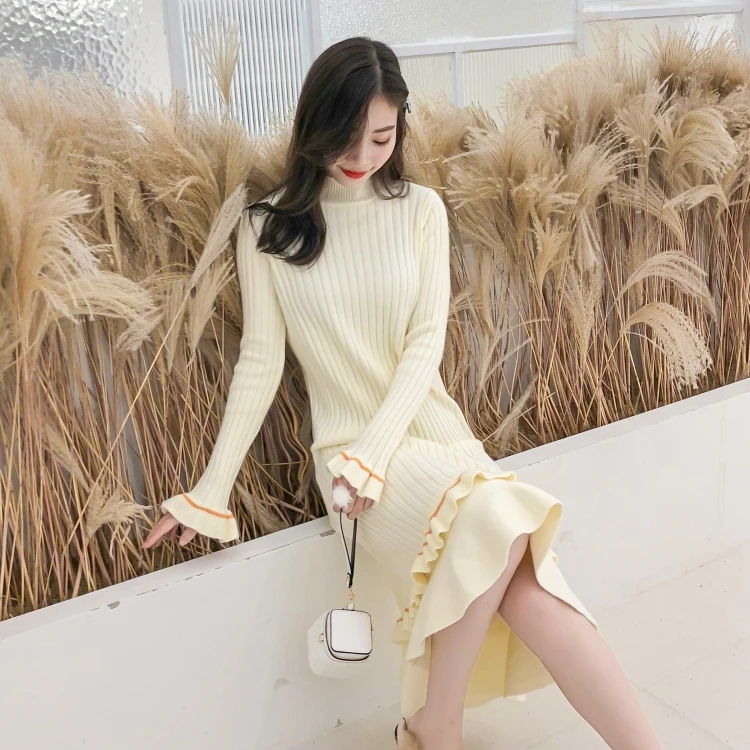 Корейское платье-свитер Модные женские вязаные платья элегантные