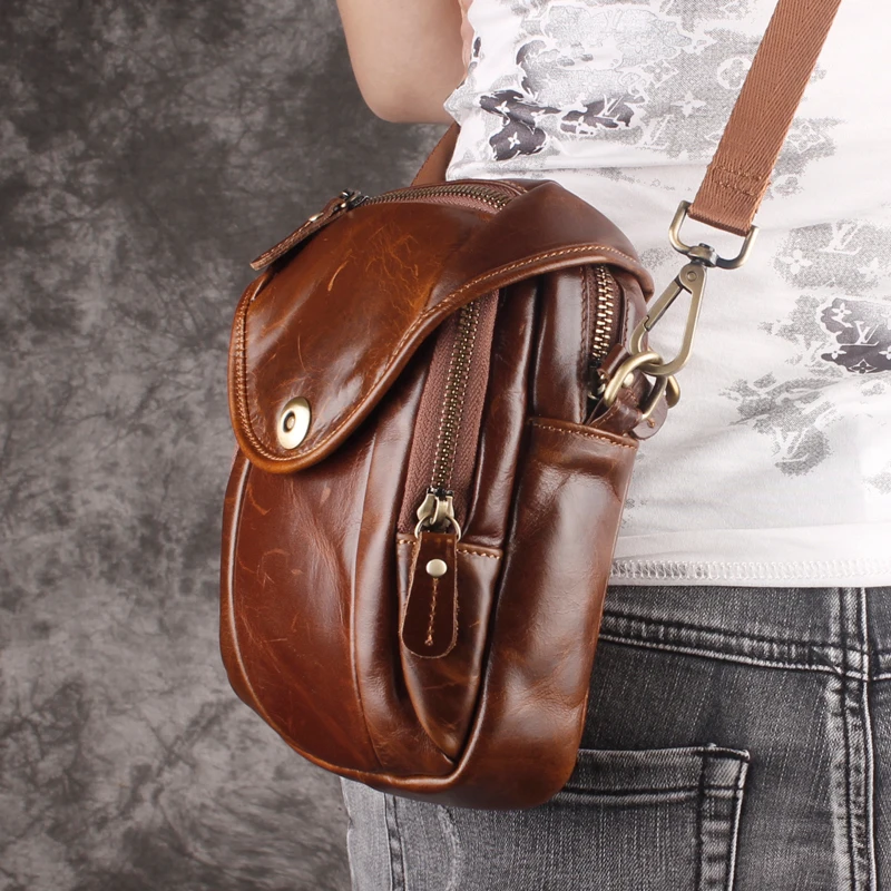 Мужская поясная сумка из натуральной кожи маленький мессенджер для сотового