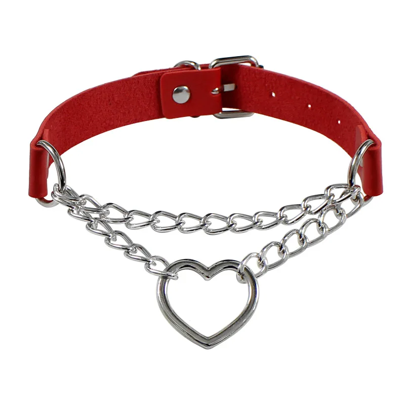 

Fashion Hollow Heart Round Leather Choker Necklace For Women Men Metal Chain Studded Gothic Jewelry Street Party Accessory 2021