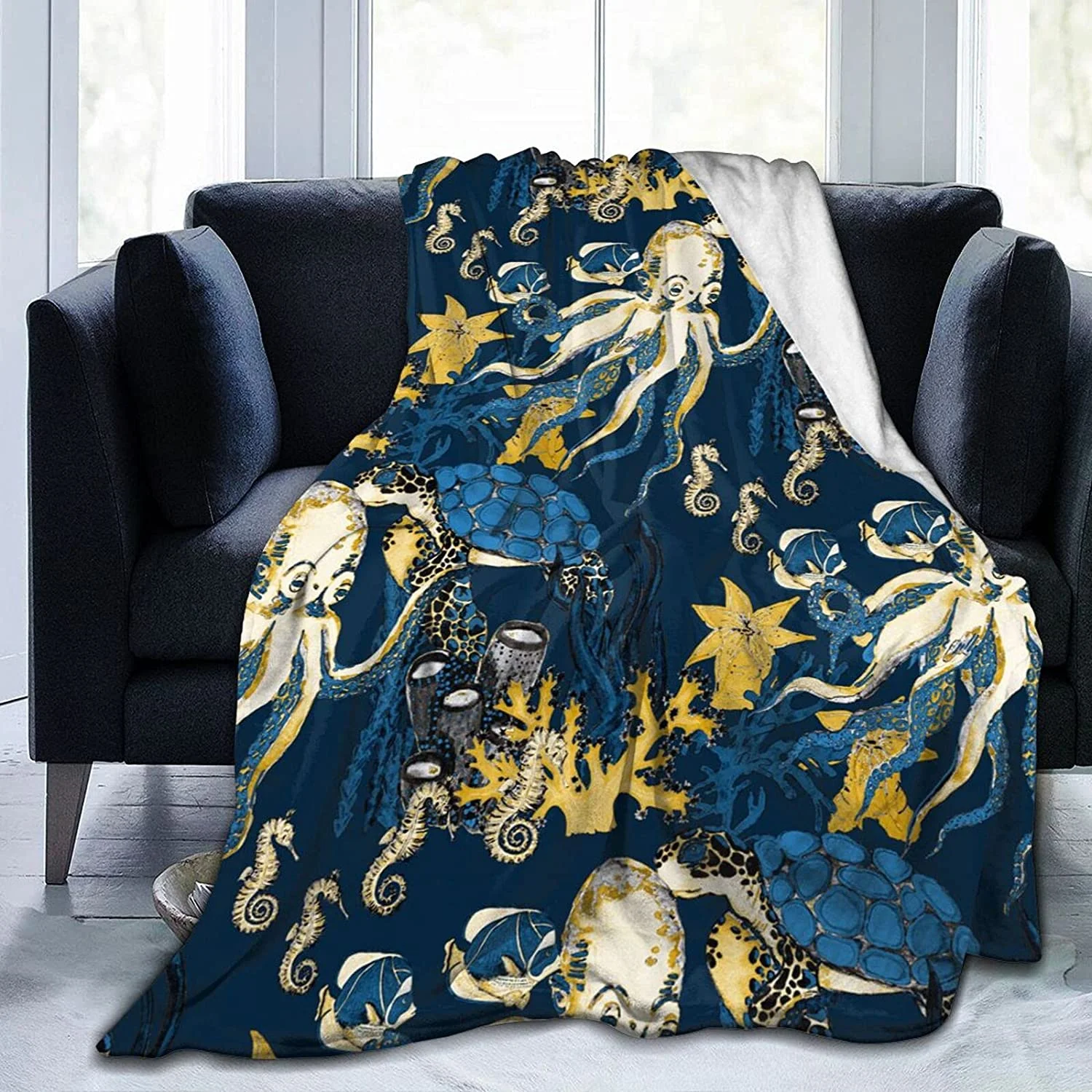 

Turtle Fish Seahorses Octopus Fleece Flannel Throw Blankets for Couch Bed Sofa Car,Cozy Soft Blanket Throw Queen King Size