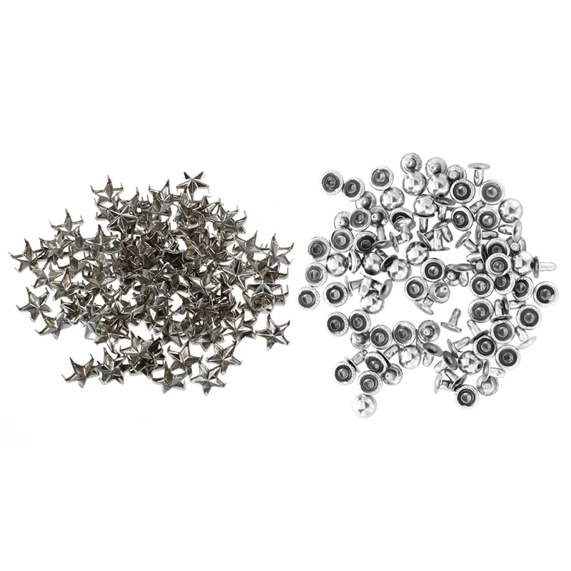 

100Pcs Silver Star Studs Nailheads 9Mm & 50 PCS 8 Mm Spikes Studs Screw Rivets Spike For Shoes Belt Bag DIY Circle
