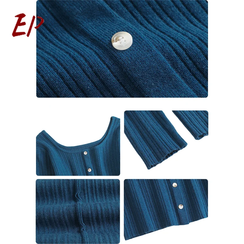 

EP 2021 Spring Long Sleeve Clothing Women Single Breasted Square Collar Tops Knitted Basic Pullovers Female Fashion Jumpers