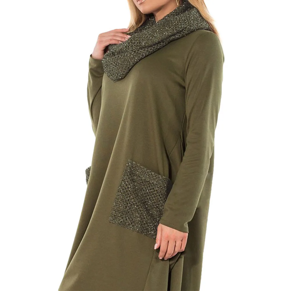 Женское Повседневное платье оверсайз на осень и зиму шарф с пайетками воротником