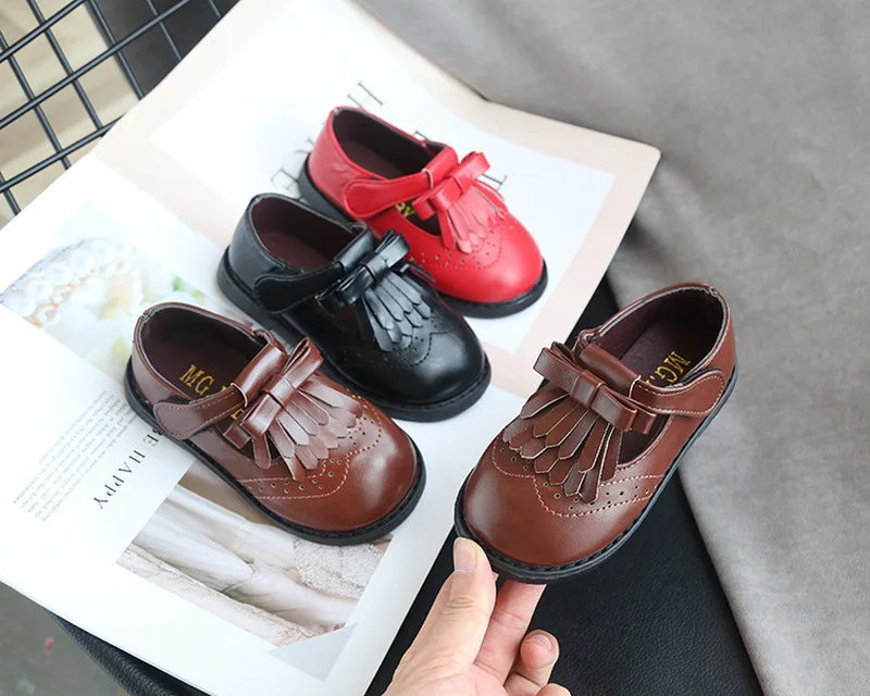 Детские туфли оксфорды из ПУ кожи с бахромой и бантом размеры 21 30|Кожаная обувь| |